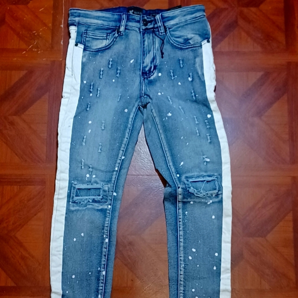 Distressed Denim Jeans with White Stripes